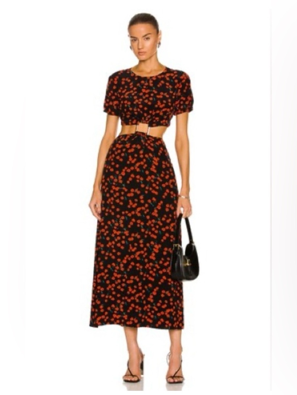 STAUD Calypso Cutout Midi Dress Red/Black Floral Poppy Field size small